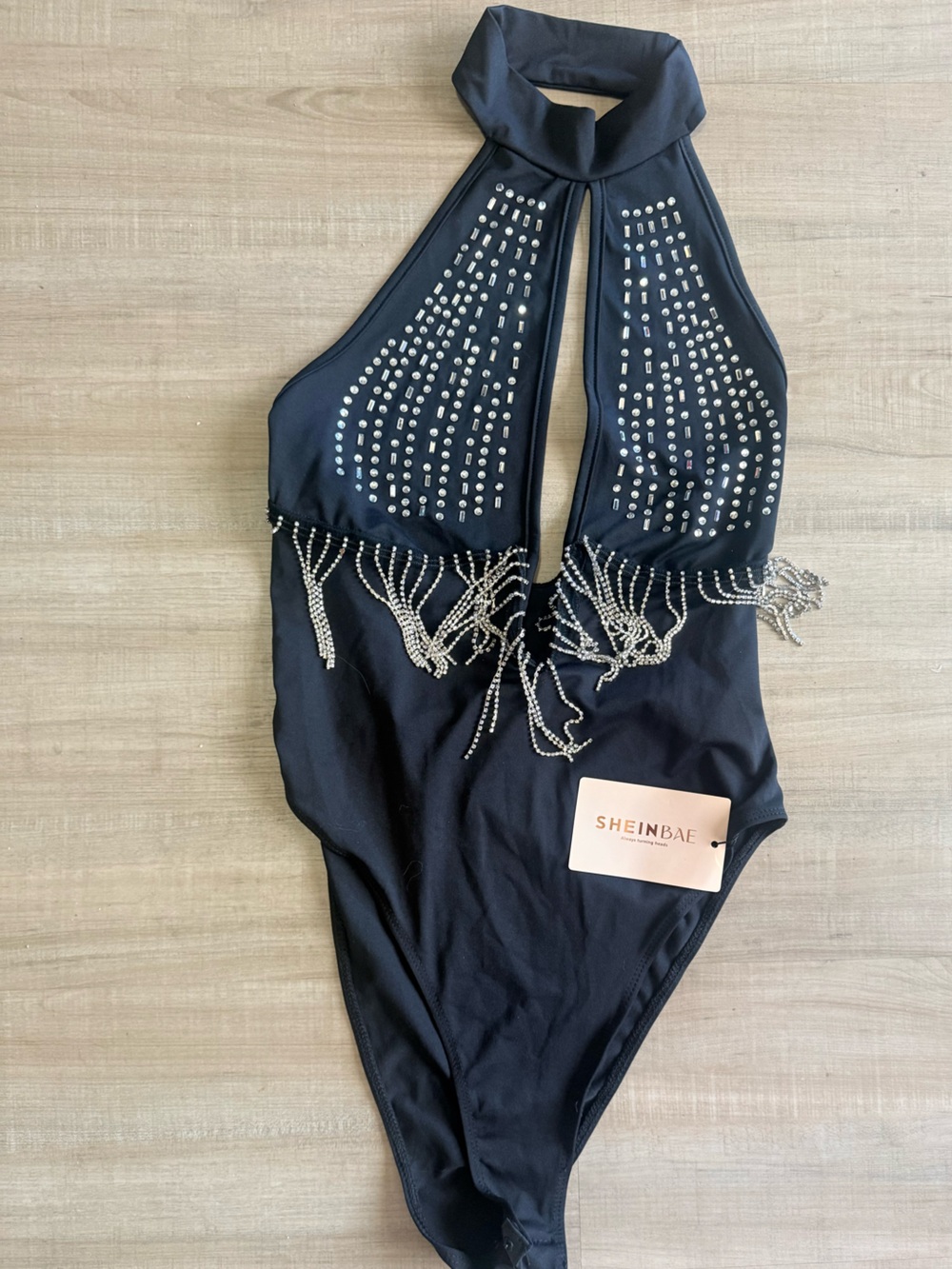 SHEIN Black Embellished Fringe Bodysuit